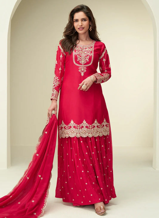 Red Chinon Embroidered Sharara Suit For Indian Wedding and Pakistani Festival