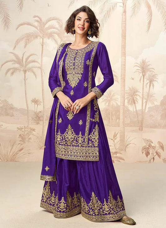 Royal Purple Chinnon Silk Palazzo Suit with Golden Embroidery for Cultural Events