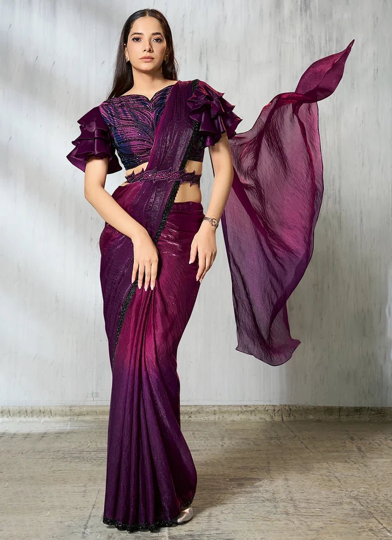 Ready to Wear Designer Wine Silk Satin Pre-Stitched Saree