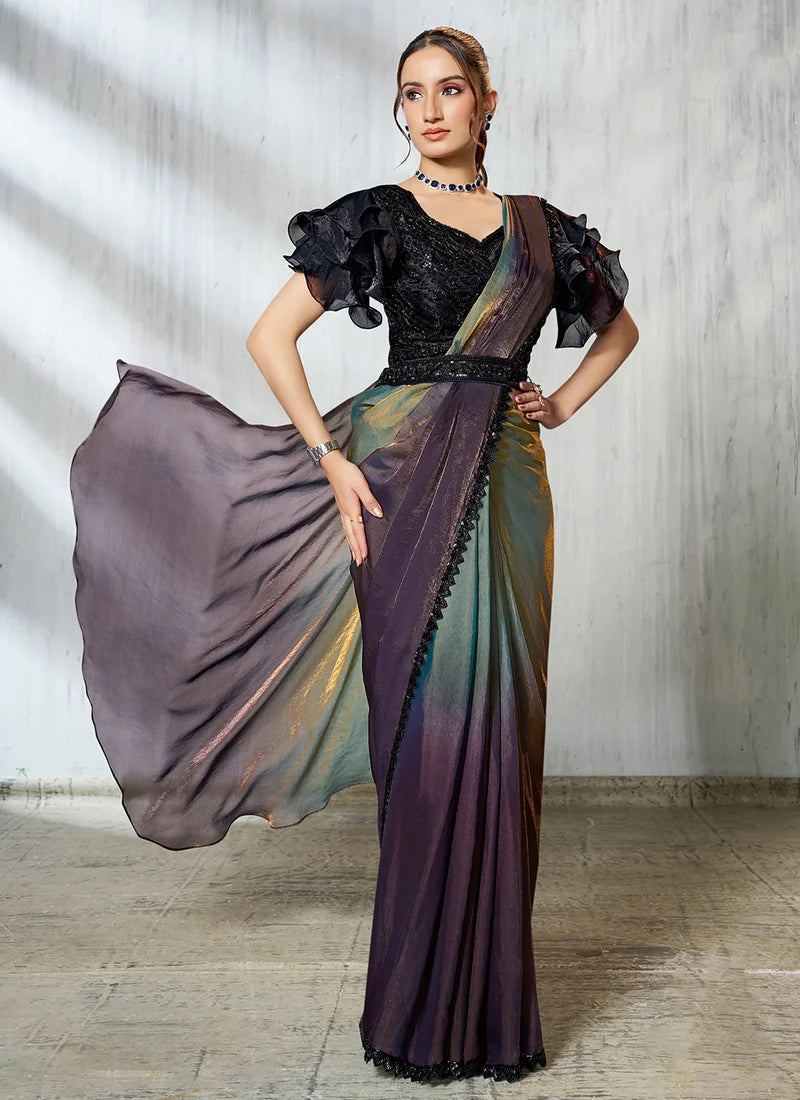 Party Wear Wine & Olive Green Silk Satin Ready-to-Wear Pre-Stitched Saree