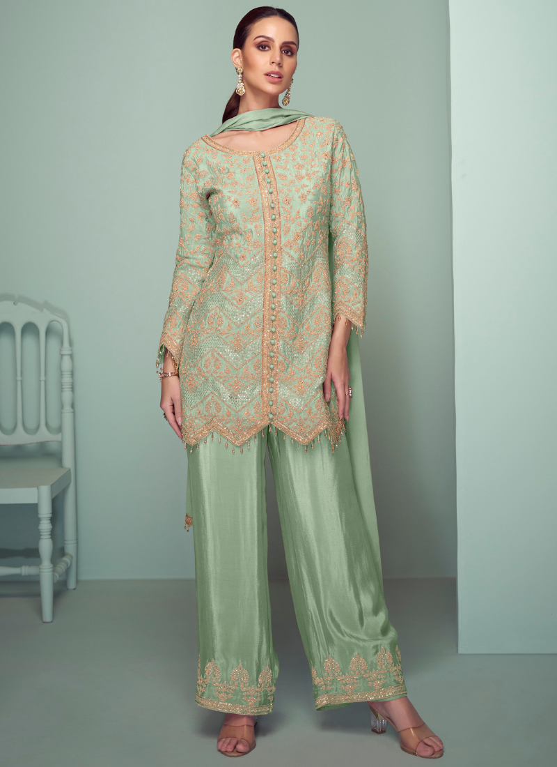 Light Green Chinon Embroidered Suit with Pant & Dupatta for Pakistani Wedding & Indian Festival