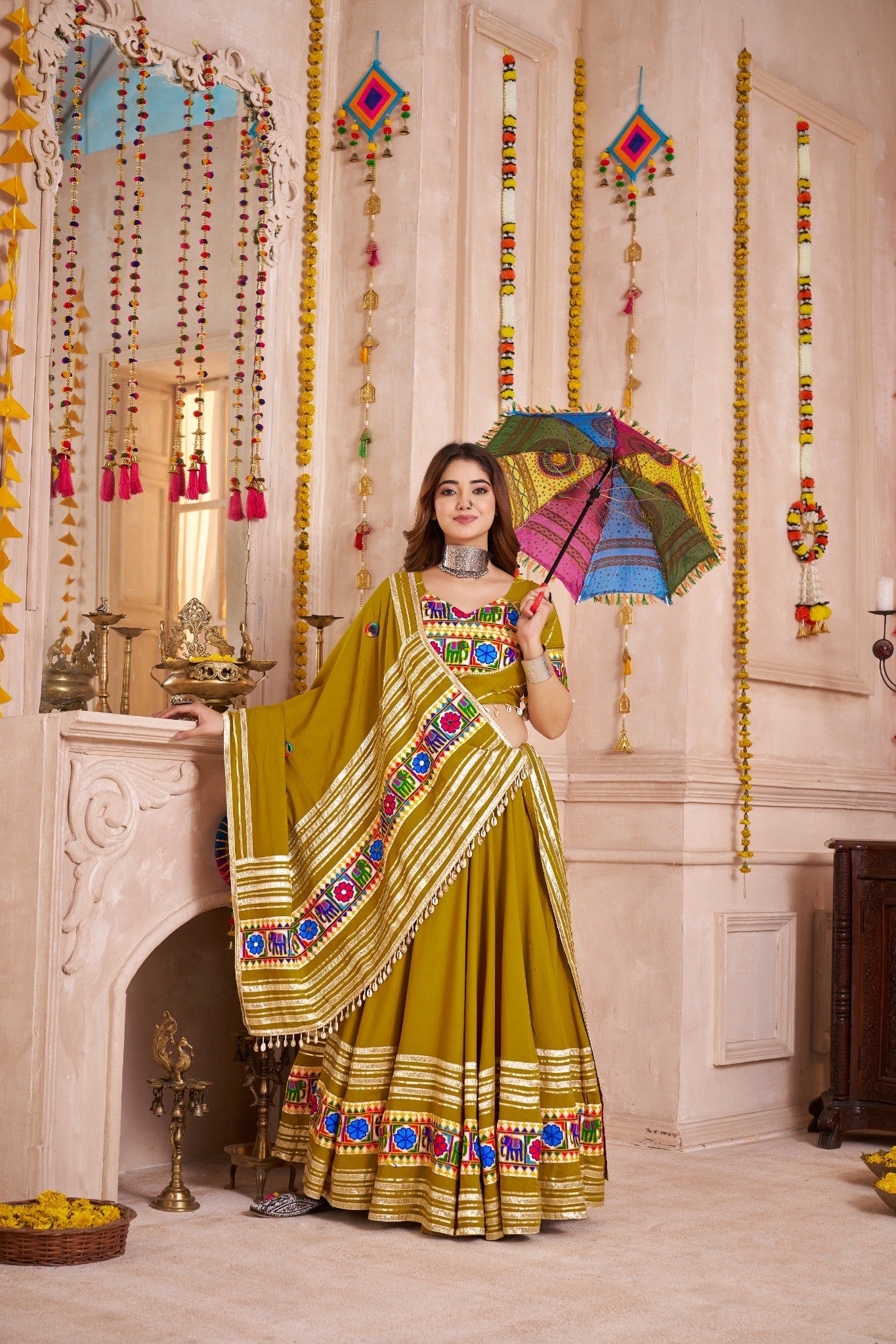 Green Mirror Embroidered Navratri Chaniya Choli with Tassel Dupatta