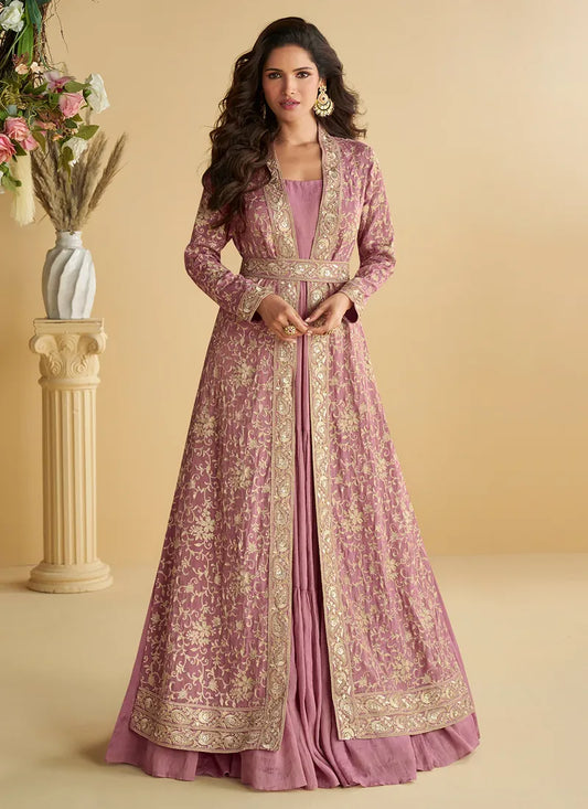 Designer Dusty Pink Chinon Silk Jacket Style Anarkali Dress