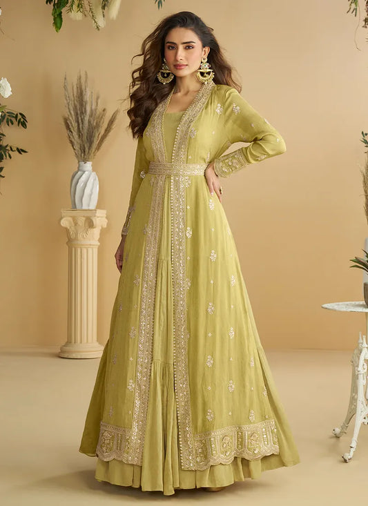 Designer Lime Green Chinon Silk Jacket Style Anarkali Dress