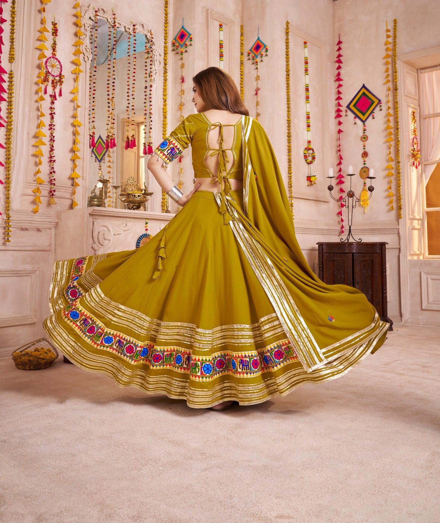 Green Mirror Embroidered Navratri Chaniya Choli with Tassel Dupatta