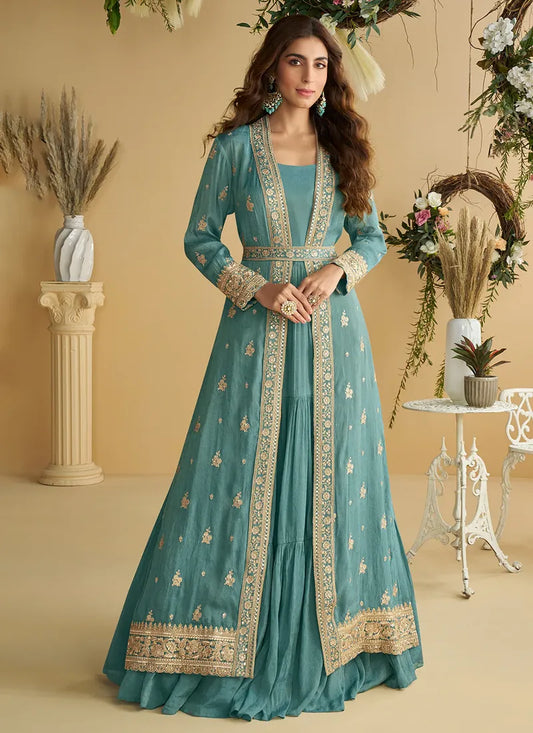 Designer Sky Blue Chinon Silk Jacket Style Anarkali Dress