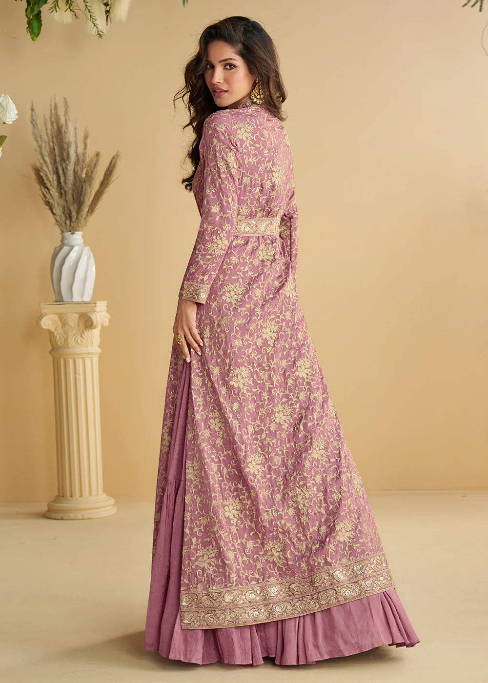 Designer Dusty Pink Chinon Silk Jacket Style Anarkali Dress