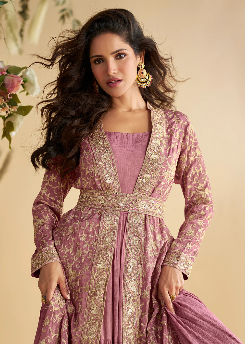 Designer Dusty Pink Chinon Silk Jacket Style Anarkali Dress