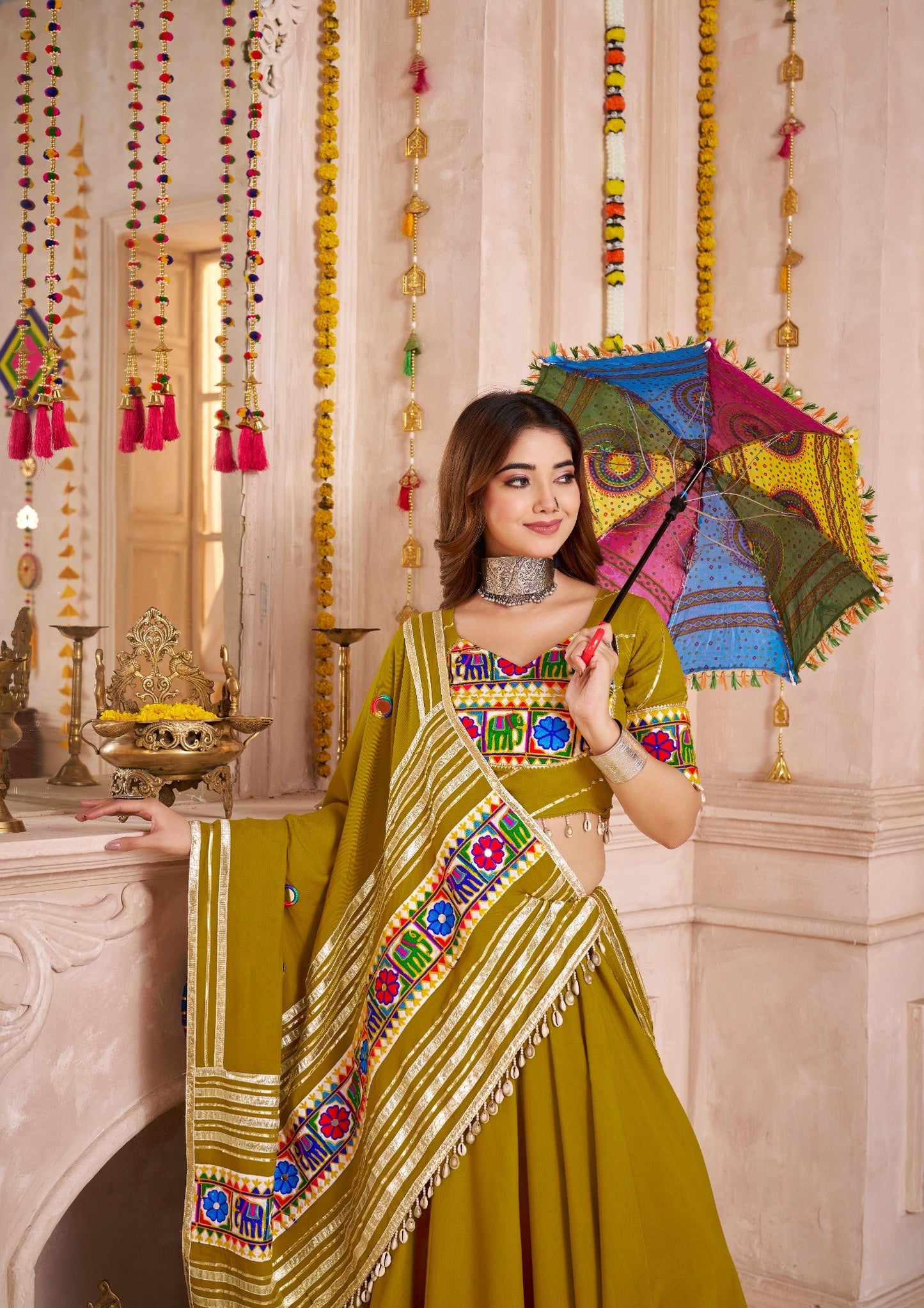 Green Mirror Embroidered Navratri Chaniya Choli with Tassel Dupatta