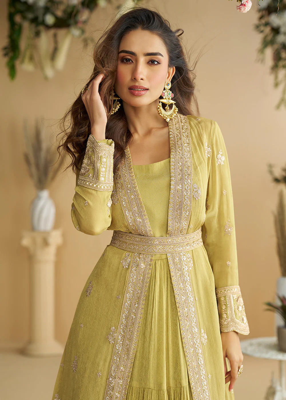 Designer Lime Green Chinon Silk Jacket Style Anarkali Dress