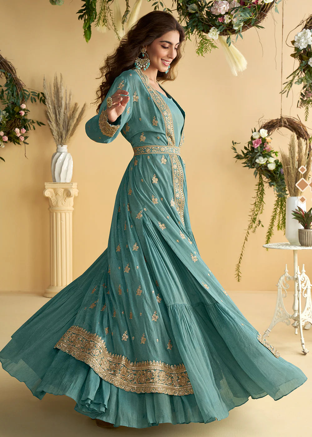 Designer Sky Blue Chinon Silk Jacket Style Anarkali Dress