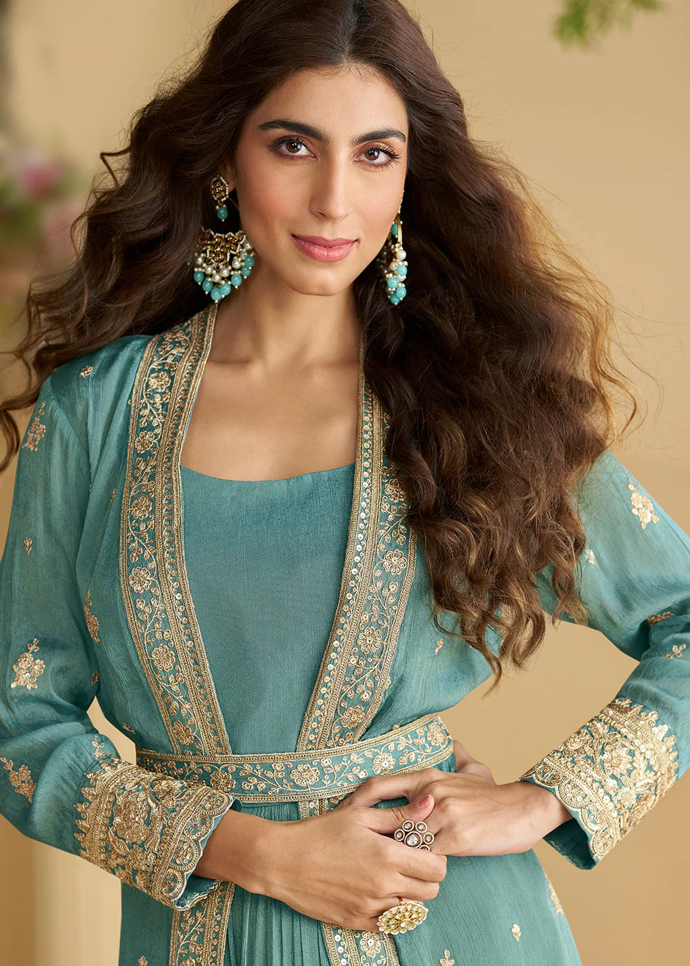 Designer Sky Blue Chinon Silk Jacket Style Anarkali Dress