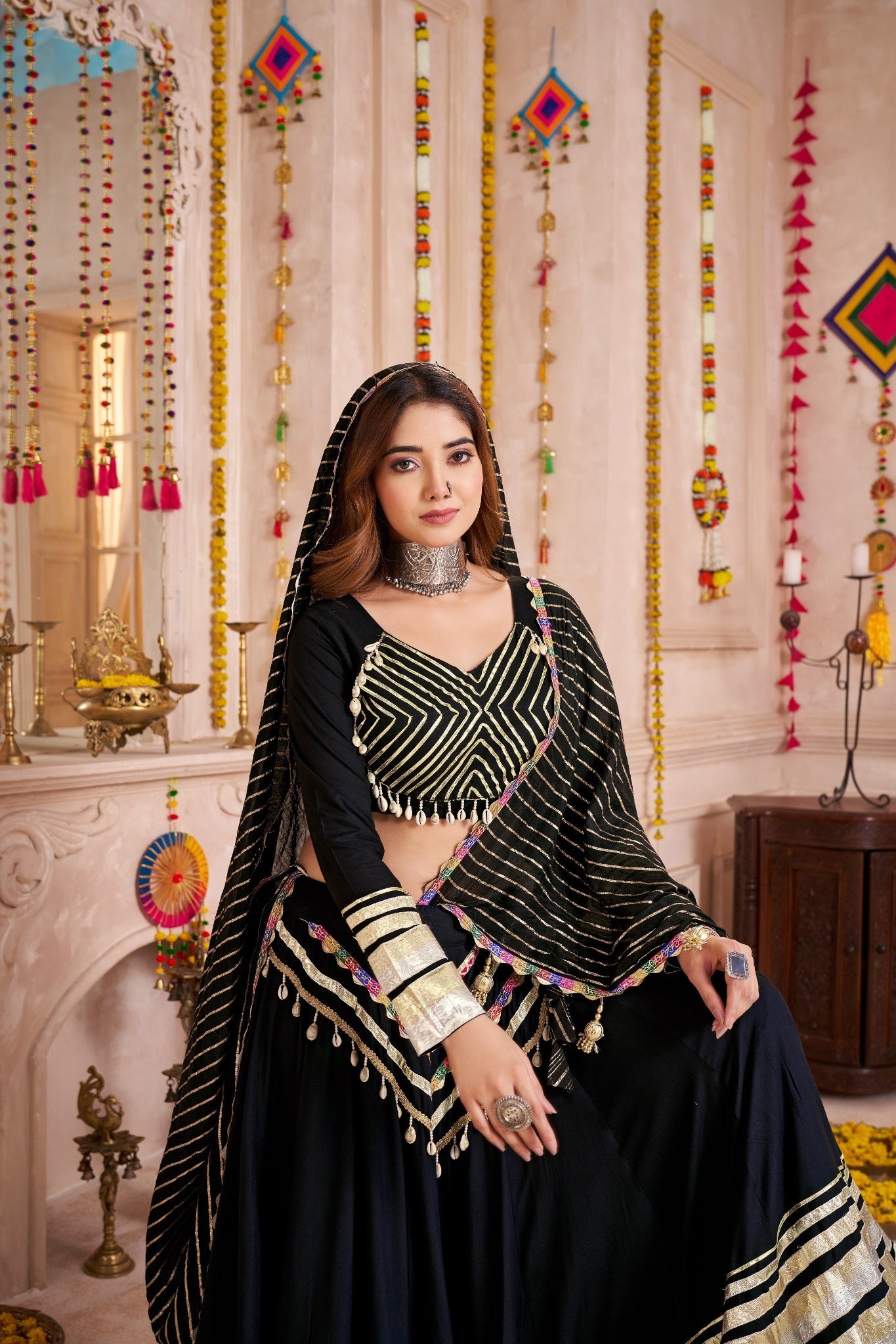 Black Mirror Embroidered Jacquard Navratri Lehenga Choli with Gamthi Lace