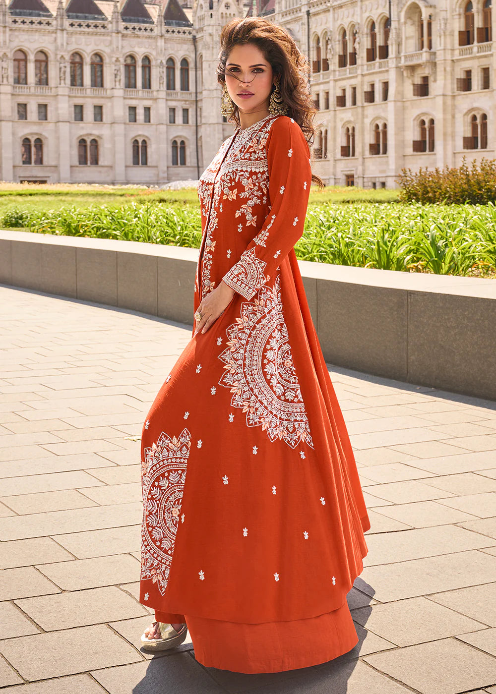 Rust Orange Organza Silk Slit Kurta With Palazzo Set for Indian Wedding and Pakistani Festival