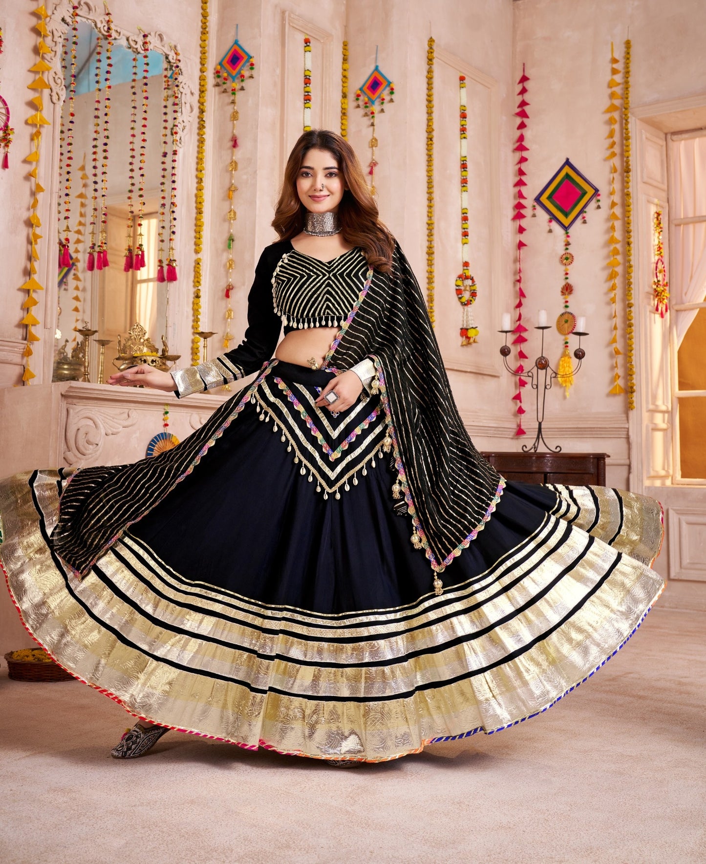 Black Mirror Embroidered Jacquard Navratri Lehenga Choli with Gamthi Lace