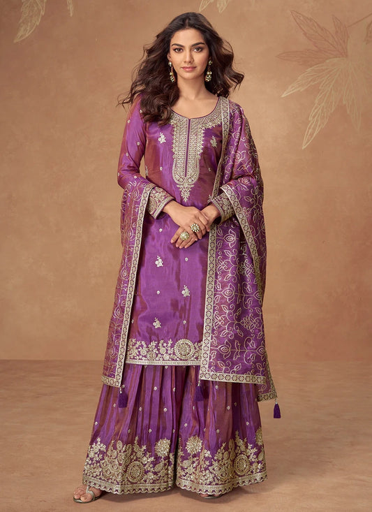Designer Purple Simar Silk Sharara Suit with Reshamkari Embroidery For Indian Festival