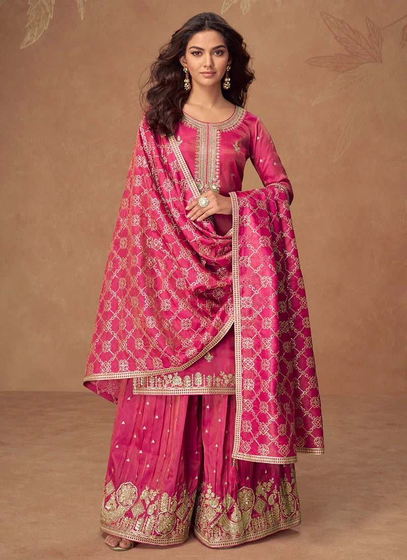 Designer Rani Pink Simar Silk Sharara Suit with Reshamkari Embroidery