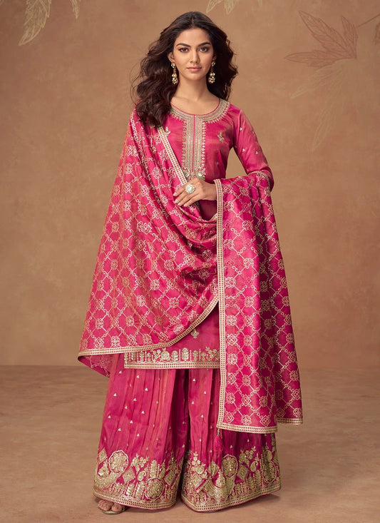 Designer Rani Pink Simar Silk Sharara Suit with Reshamkari Embroidery