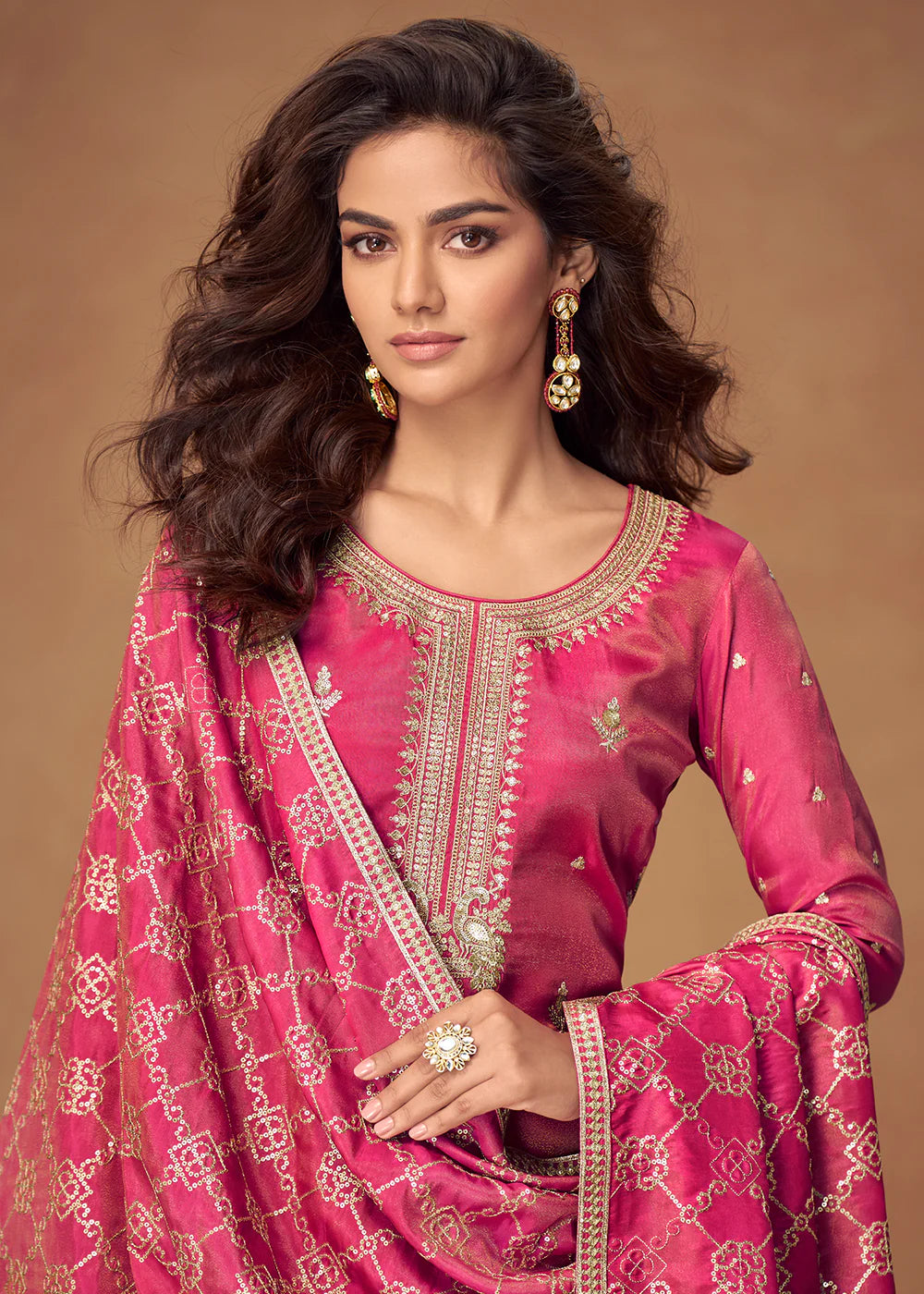 Designer Rani Pink Simar Silk Sharara Suit with Reshamkari Embroidery