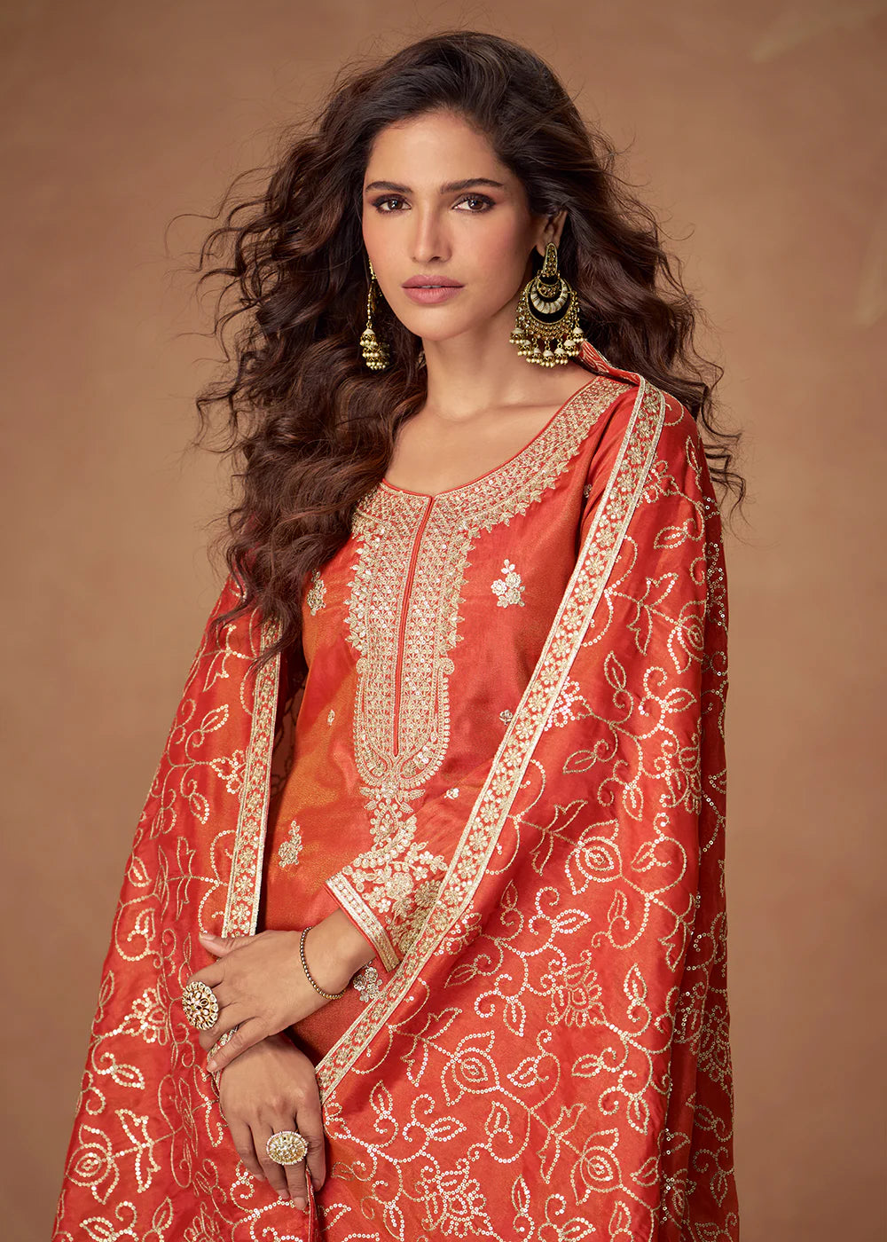 Rust Orange Simar Silk Palazzo Suit with Reshamkari Embroidery For Punjabi Weddings