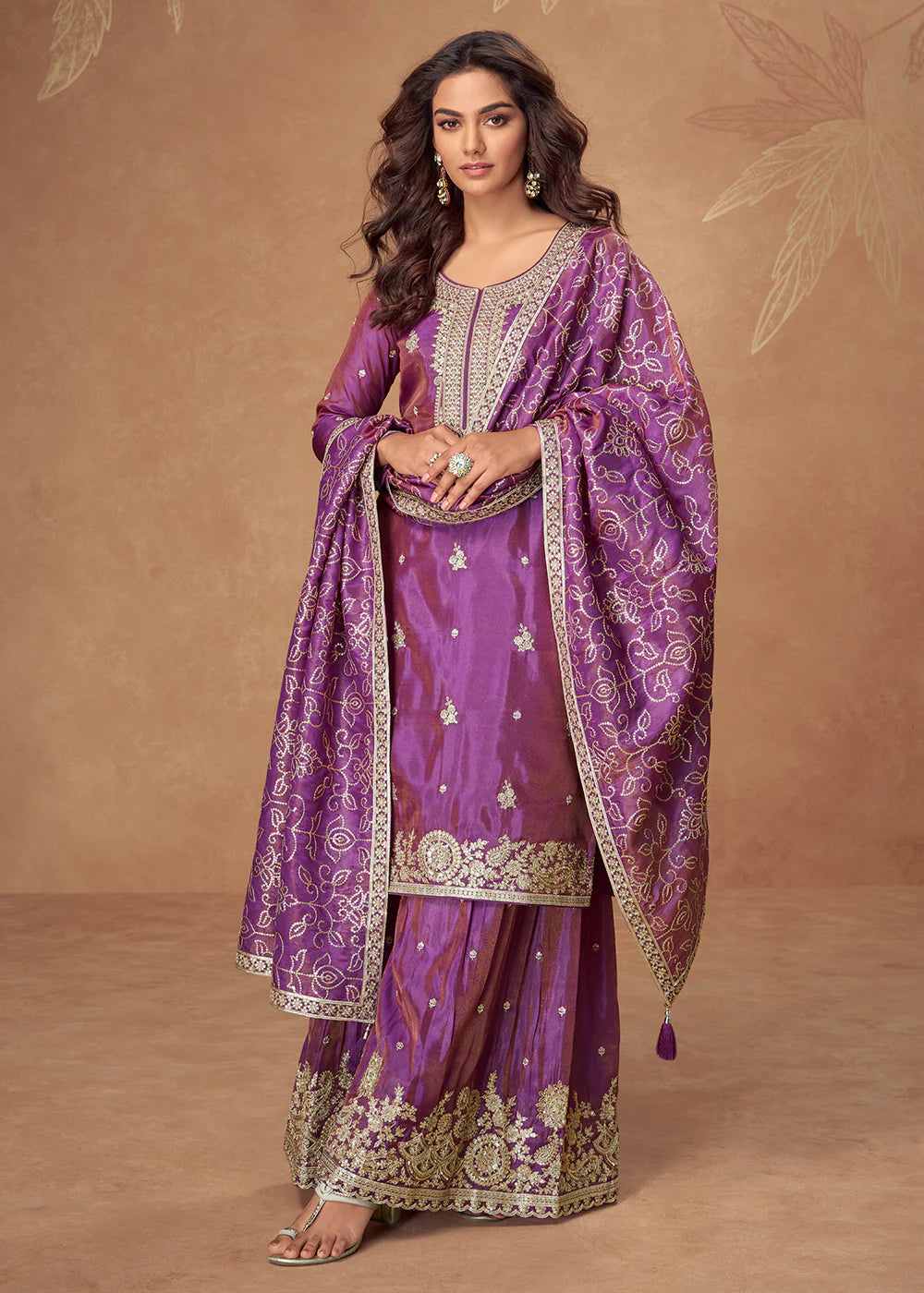 Designer Purple Simar Silk Sharara Suit with Reshamkari Embroidery For Indian Festival