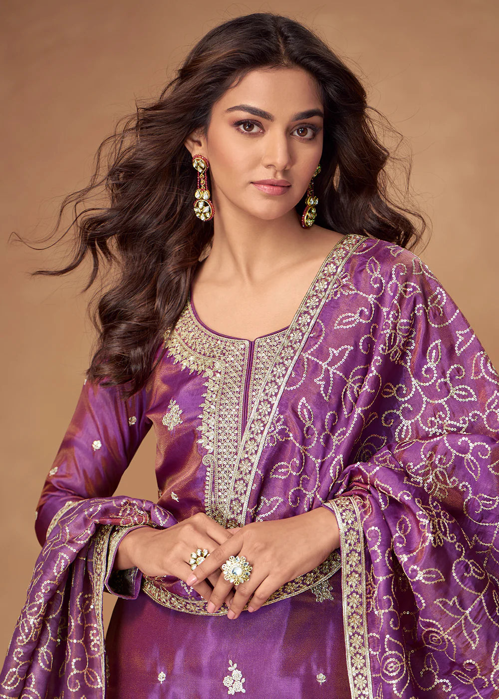 Designer Purple Simar Silk Sharara Suit with Reshamkari Embroidery For Indian Festival