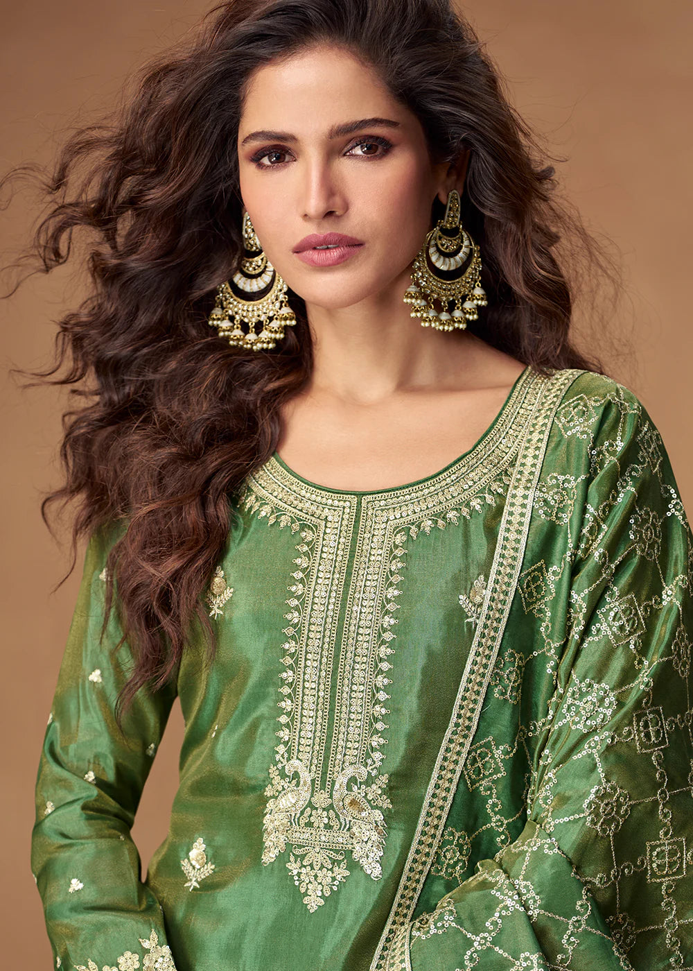 Bottle Green Simar Silk Sharara Suit with Reshamkari and Zari Embroidery – Pakistani Wedding Wear