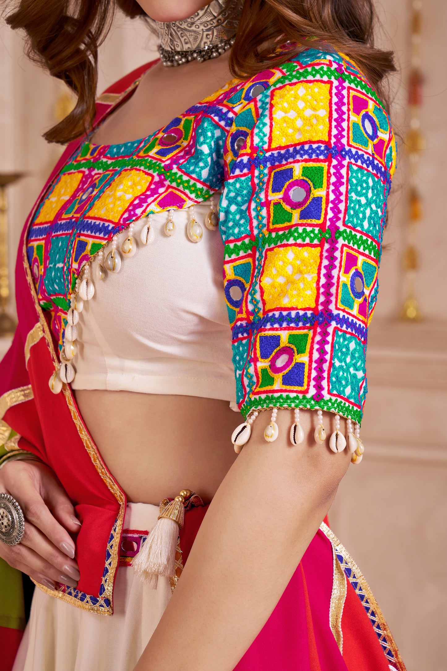 Multicolor Mirror Work Navratri Lehenga Choli with Handmade Patch Dupatta