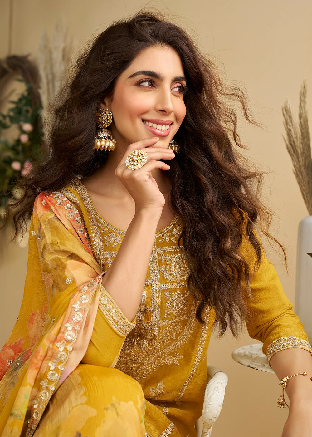 Designer Mustard Yellow Chinon Sharara Suit with Ombre Dupatta For Haldi Function