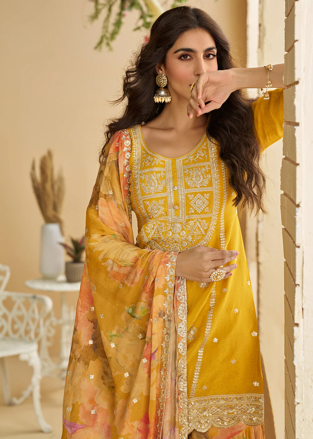 Designer Mustard Yellow Chinon Sharara Suit with Ombre Dupatta For Haldi Function