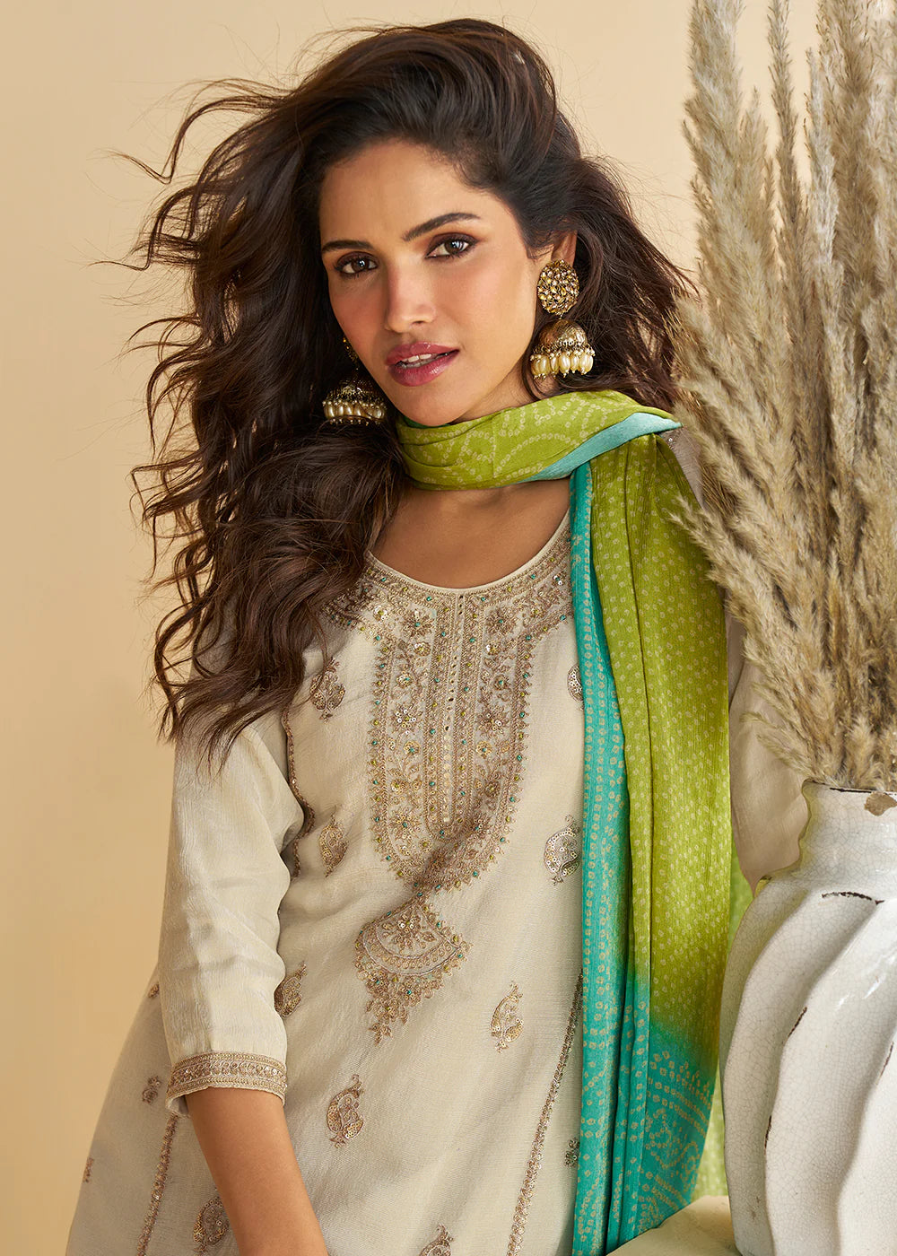 Cream and Green Chinon Sharara Suit With Dupatta For Indian Wedding and Pakistani Festival