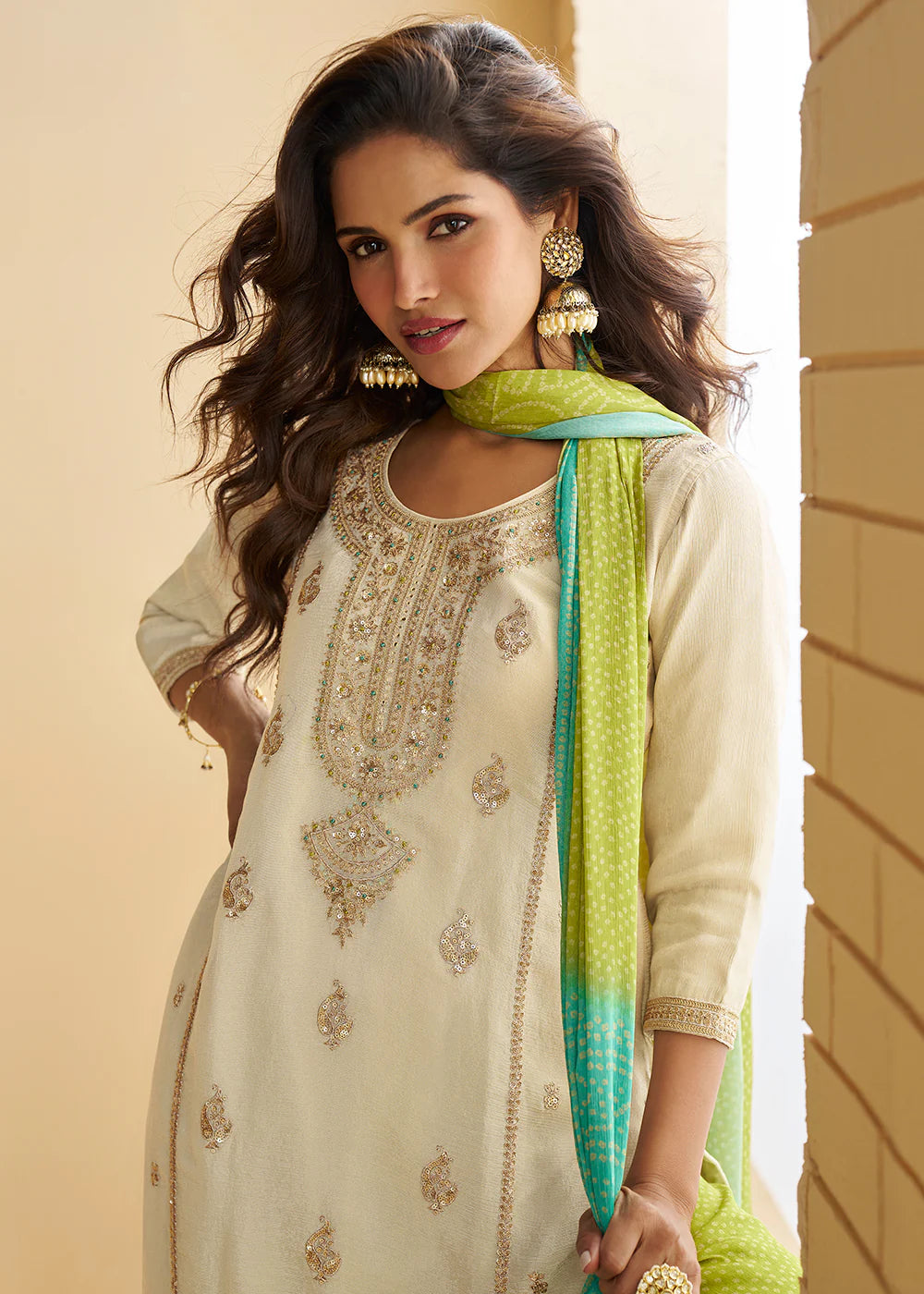 Cream and Green Chinon Sharara Suit With Dupatta For Indian Wedding and Pakistani Festival