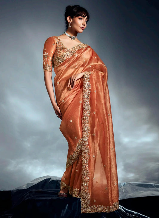 Designer Orange Silk Saree with Zari Embroidery and Readymade Blouse For Indian Wedding