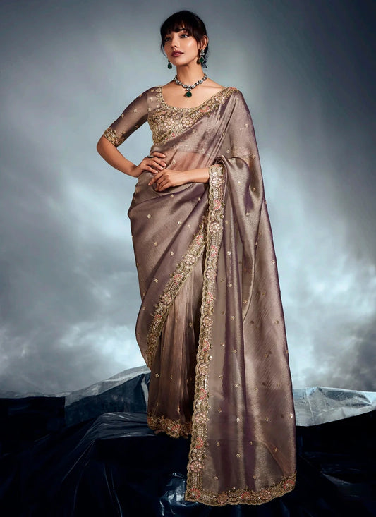 Party Wear Metallic Grey Silk Blend Saree with Zari Embroidery and Readymade Blouse