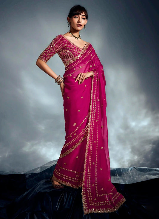 Party Wear Pink Organza Saree with Designer ReadyMade Blouse