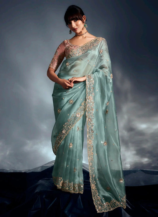 Ready To Wear Designer Sea Green Organza Saree with Contrast Blouse