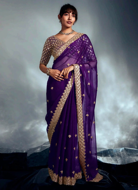 Designer Purple Organza Saree with Golden Sequin Embroidery For Indian Wedding