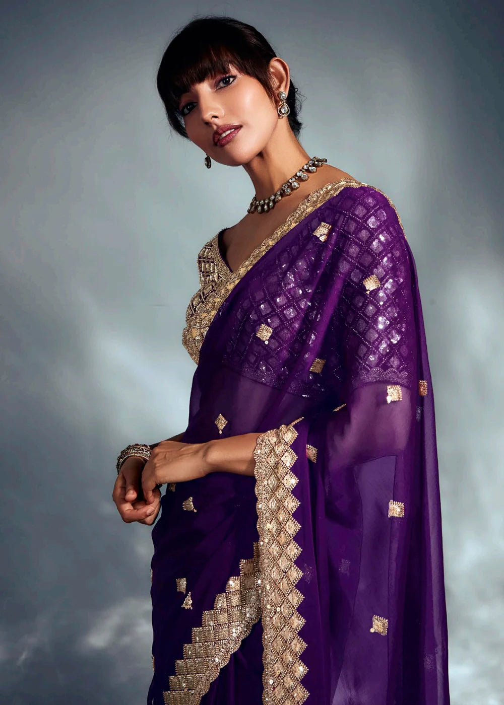 Designer Purple Organza Saree with Golden Sequin Embroidery For Indian Wedding
