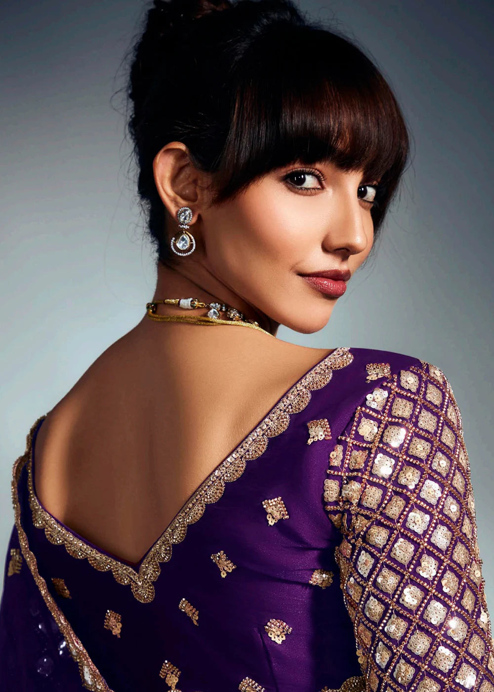 Designer Purple Organza Saree with Golden Sequin Embroidery For Indian Wedding