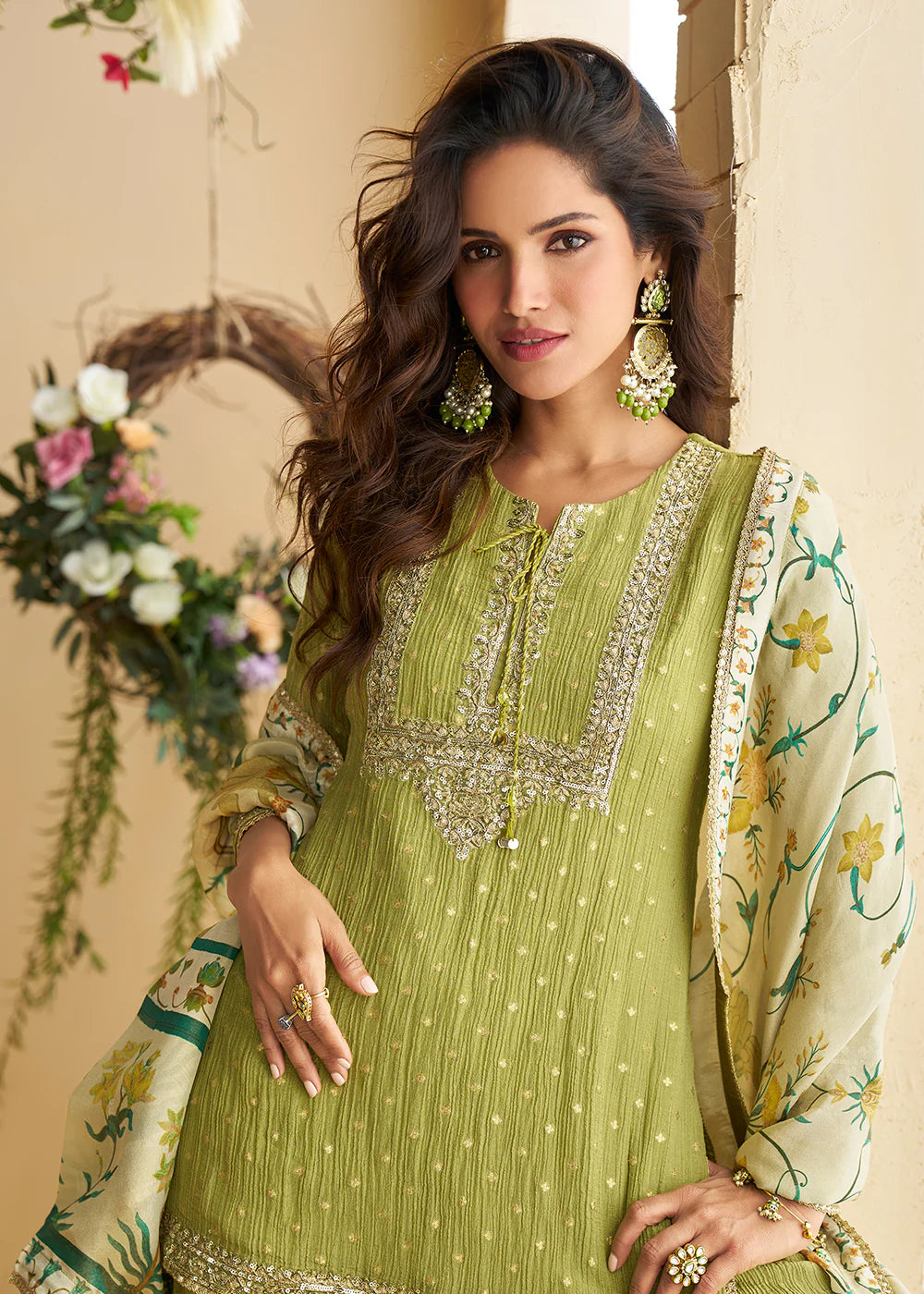 Pistachio Green Chinon Silk Sharara Suit with Thread Work & Printed Dupatta