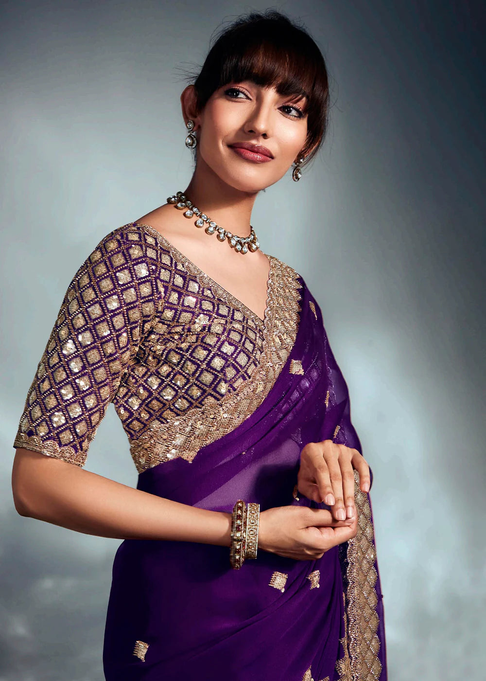 Designer Purple Organza Saree with Golden Sequin Embroidery For Indian Wedding