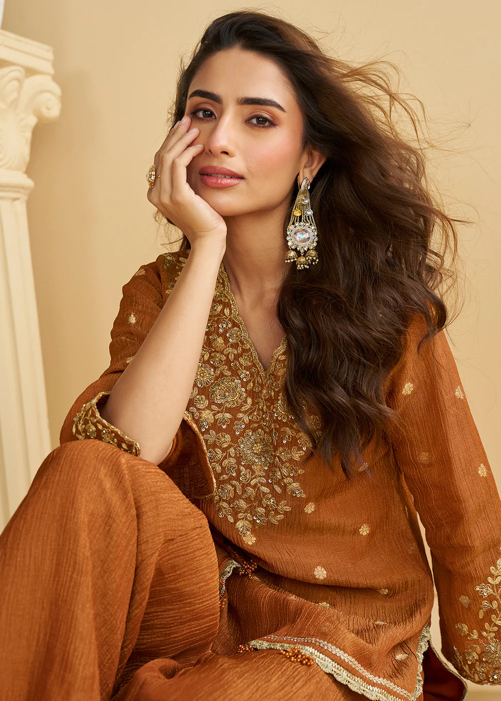 Rust Brown Chinon Sharara Suit with Contrast Blue Dupatta For Indian Wedding
