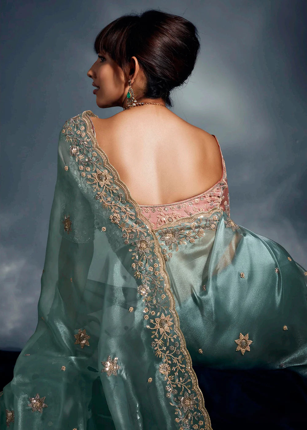 Ready To Wear Designer Sea Green Organza Saree with Contrast Blouse