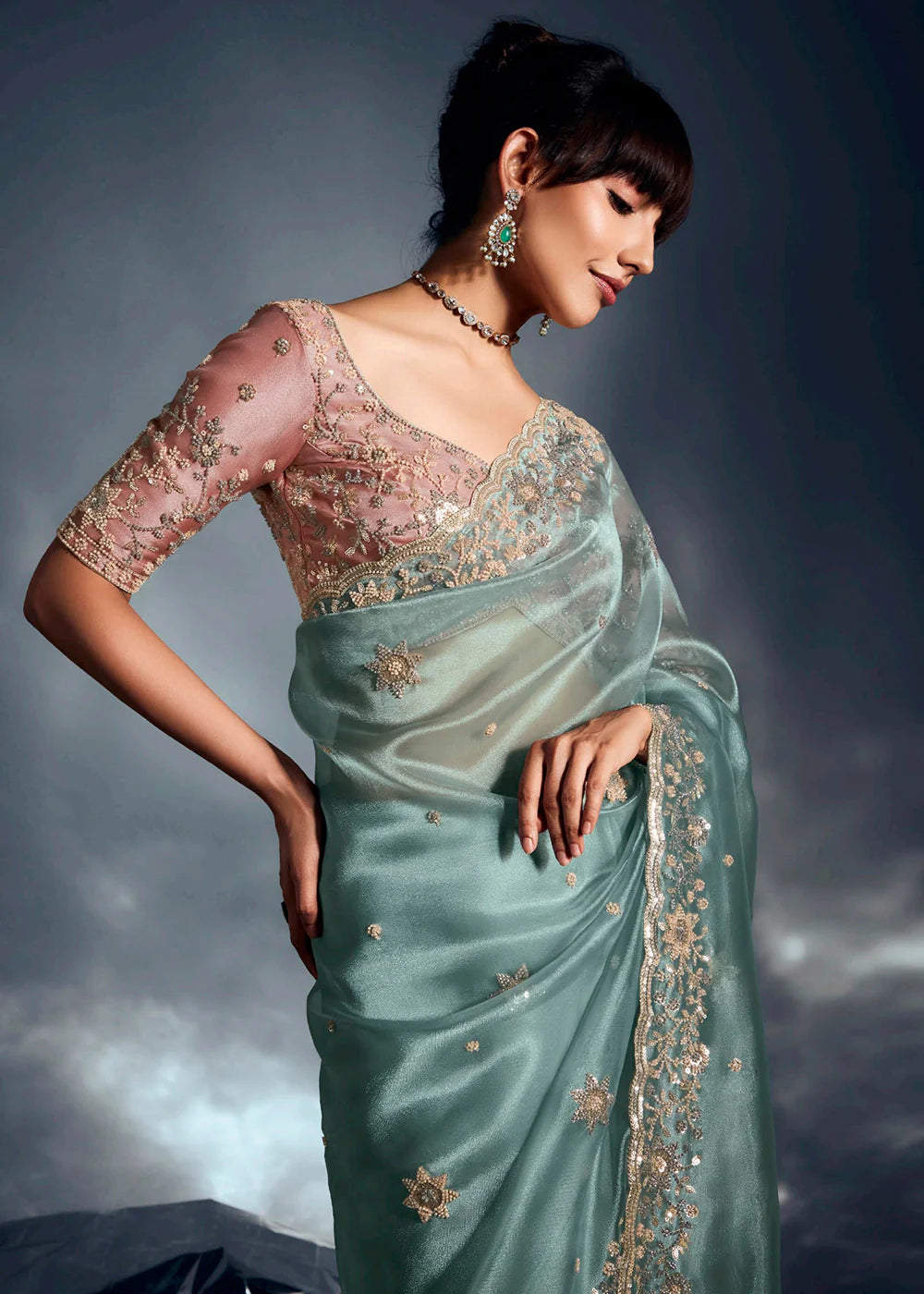 Ready To Wear Designer Sea Green Organza Saree with Contrast Blouse