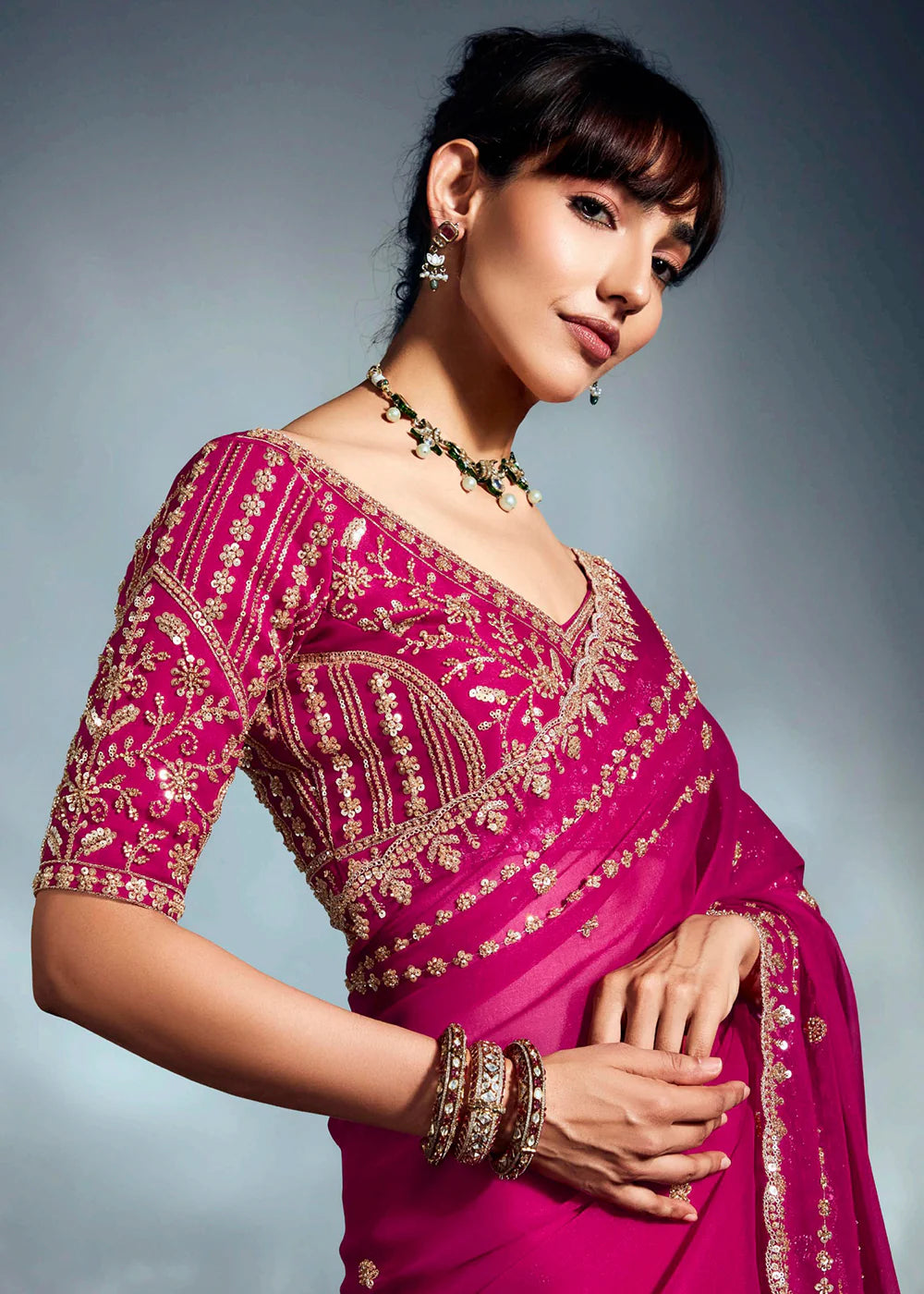Party Wear Pink Organza Saree with Designer ReadyMade Blouse