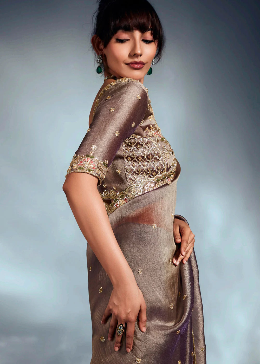 Party Wear Metallic Grey Silk Blend Saree with Zari Embroidery and Readymade Blouse