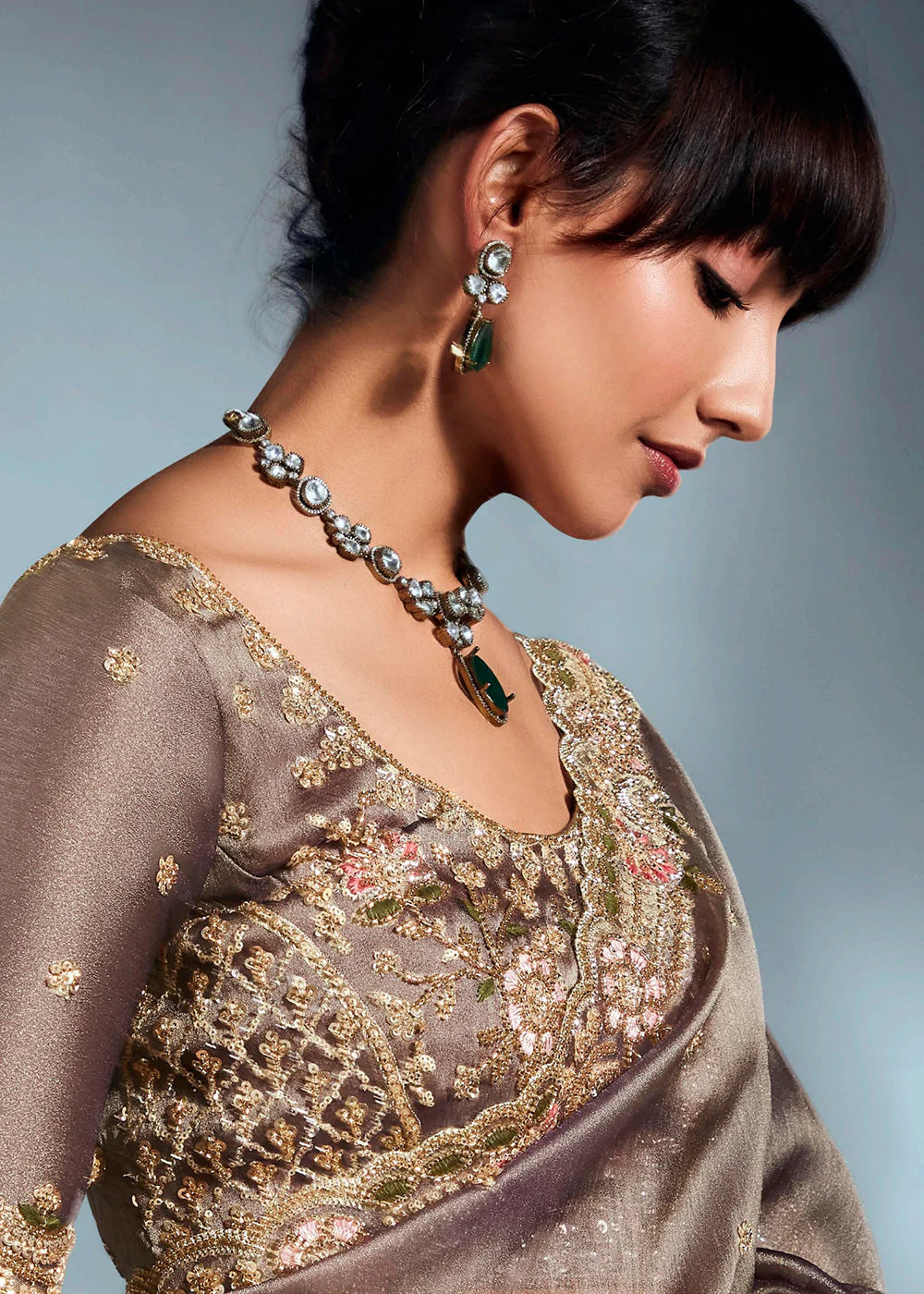 Party Wear Metallic Grey Silk Blend Saree with Zari Embroidery and Readymade Blouse