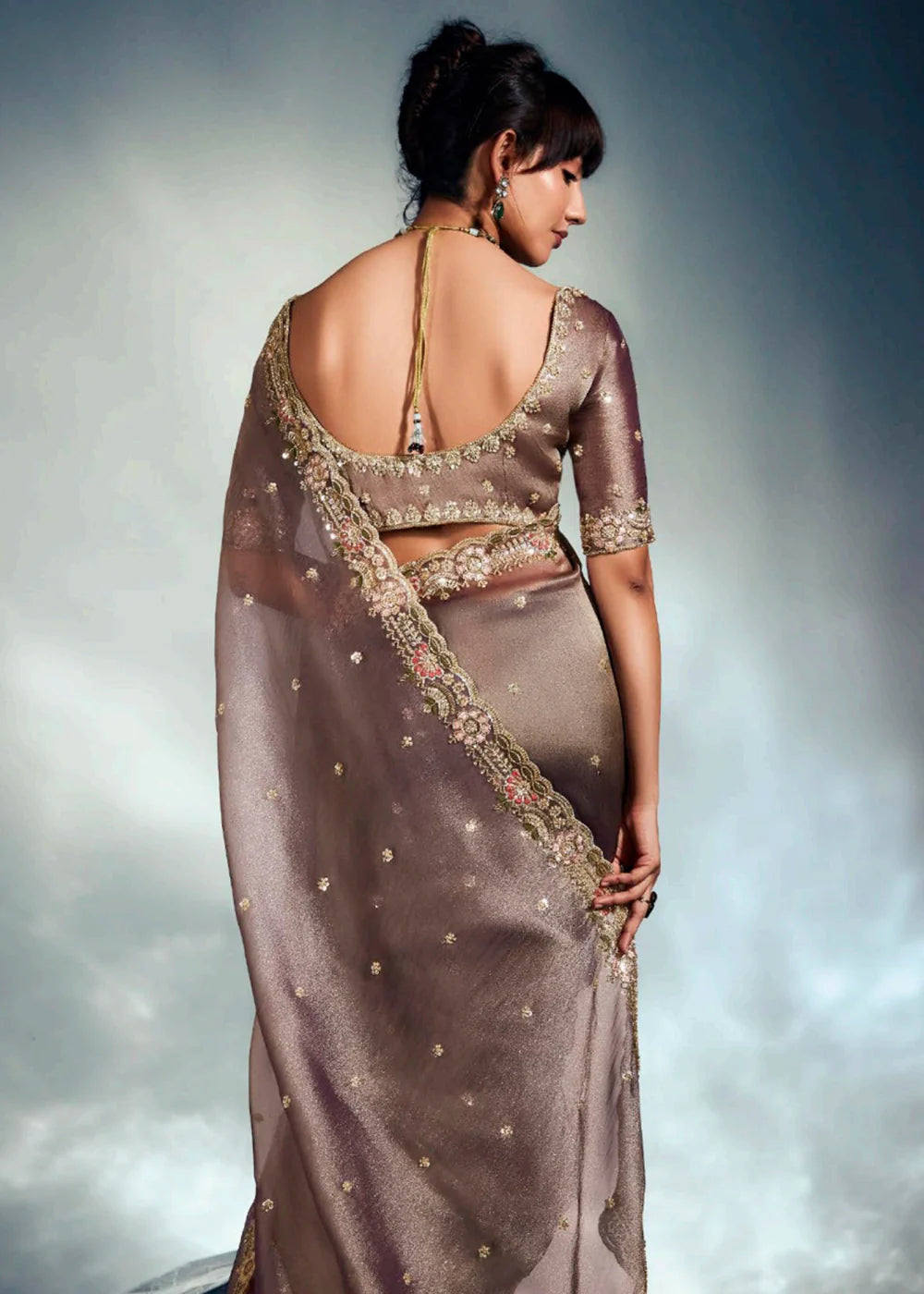 Party Wear Metallic Grey Silk Blend Saree with Zari Embroidery and Readymade Blouse
