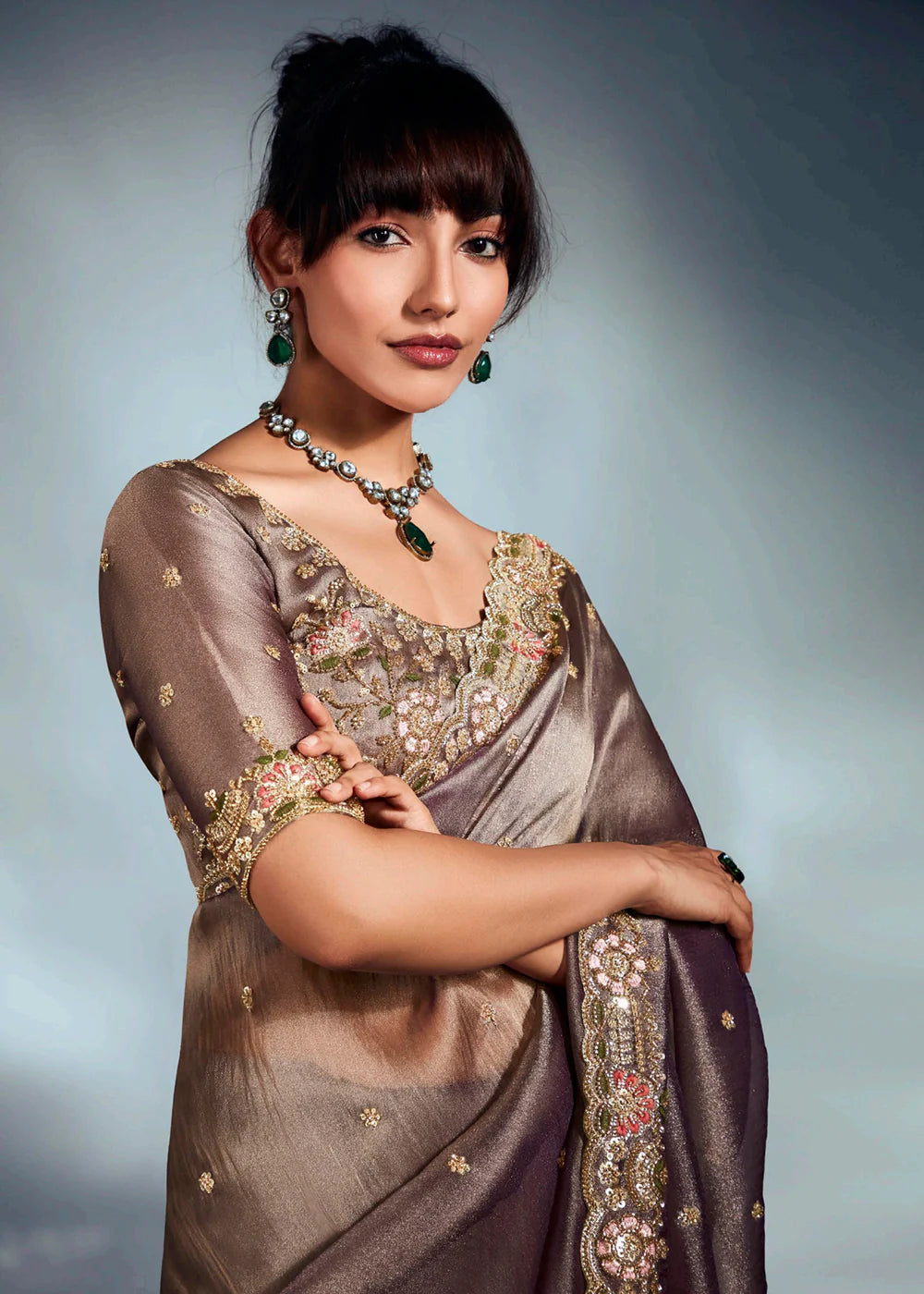 Party Wear Metallic Grey Silk Blend Saree with Zari Embroidery and Readymade Blouse