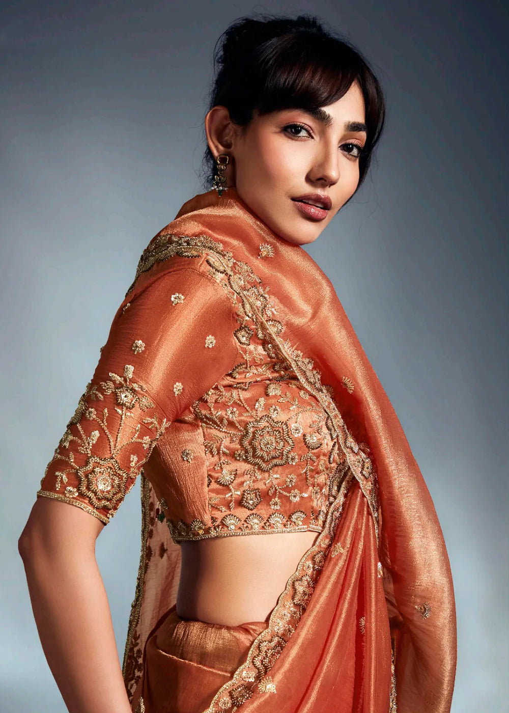 Designer Orange Silk Saree with Zari Embroidery and Readymade Blouse For Indian Wedding